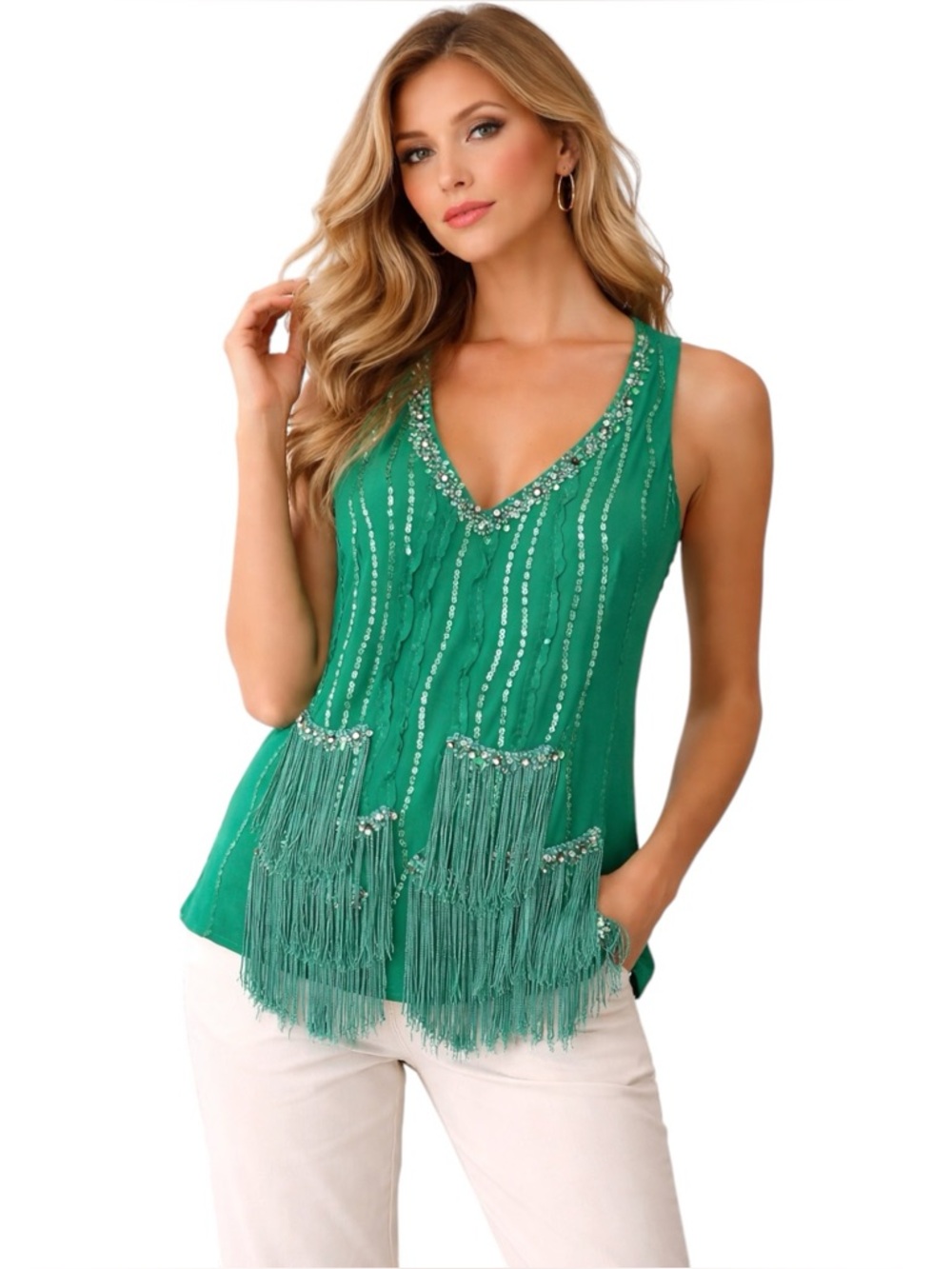 Green Beaded Fringe Top Boho Glam Statement Tank Sequin Detail Festival Chic